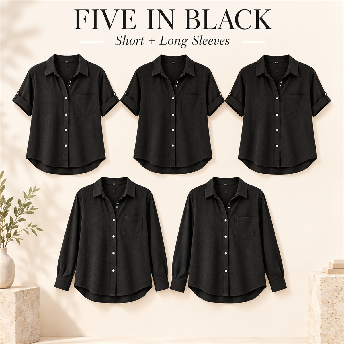 Women's Linen-Look Button-Down Shirt - 5-Piece Light Gray Set