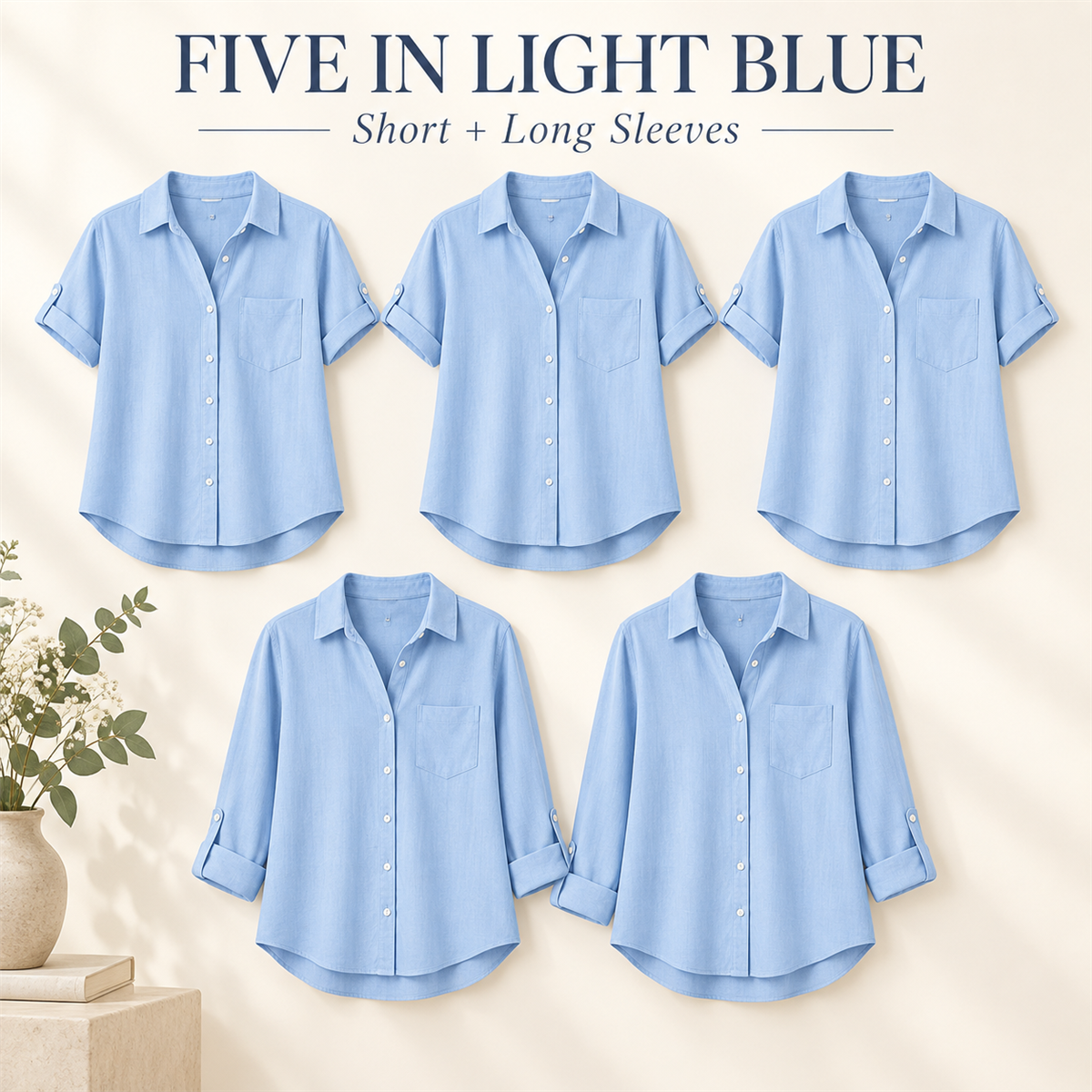 Women's Linen-Look Button-Down Shirt - 5-Piece Light Blue Set
