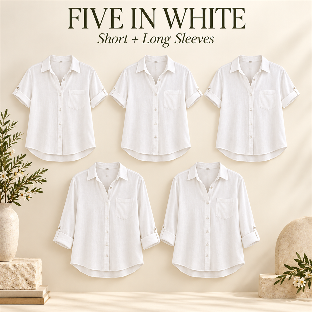 Women's Linen-Look Button-Down Shirt - 5-Piece Navy Set