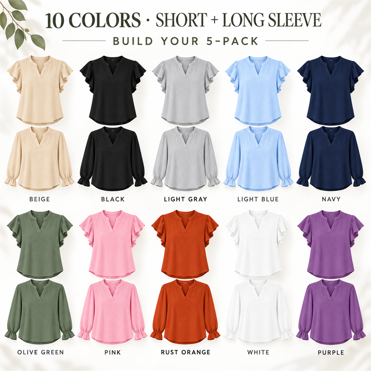 Women's Casual Ruffle-Sleeve Blouse - 10-Piece Complete Color Collection
