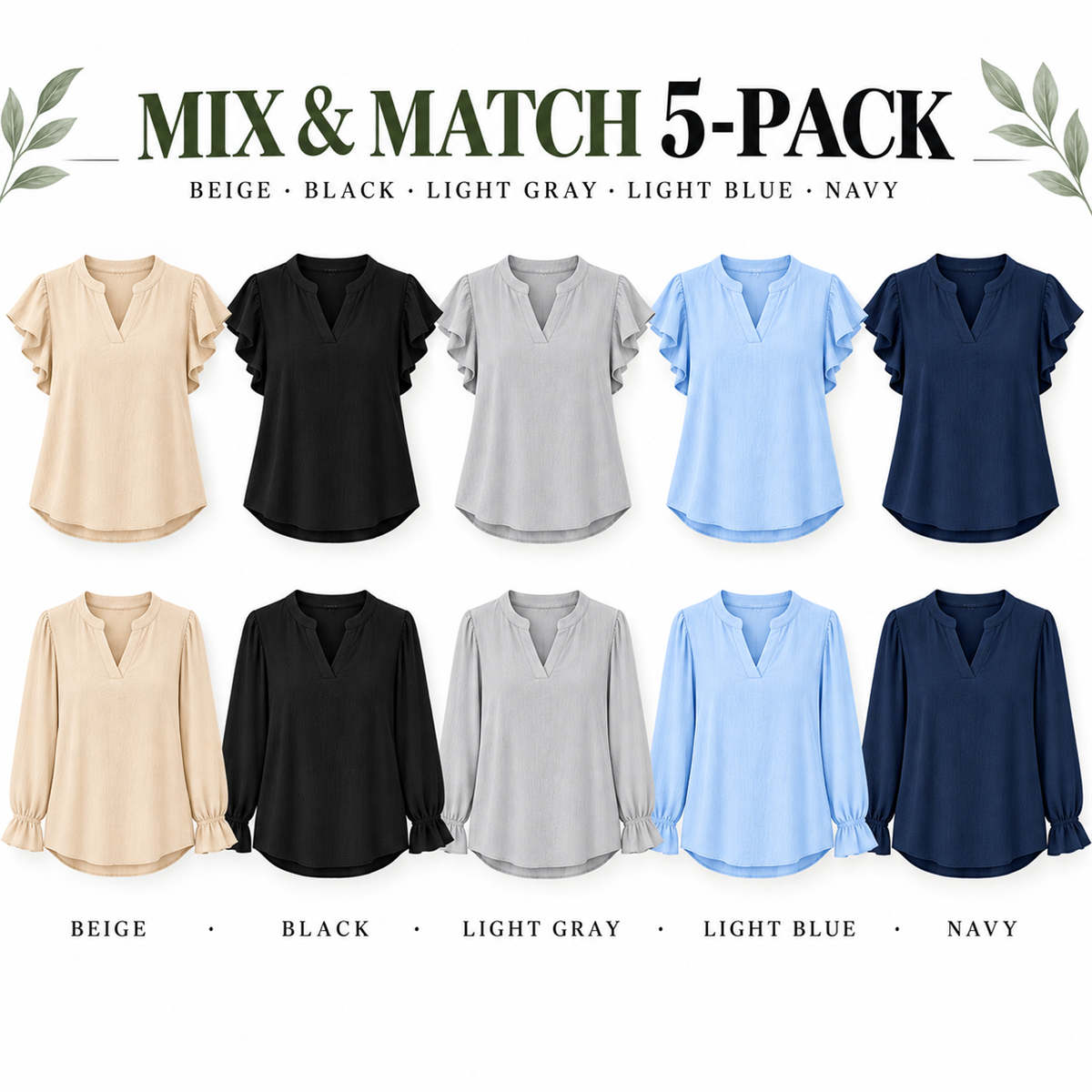 Women's Casual Ruffle-Sleeve Blouse - 5-Piece Classic Color Set