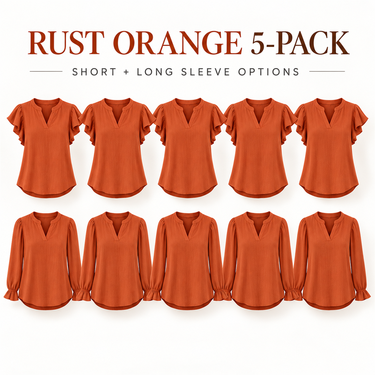 Women's Casual Ruffle-Sleeve Blouse - 5-Piece Rust Orange Set