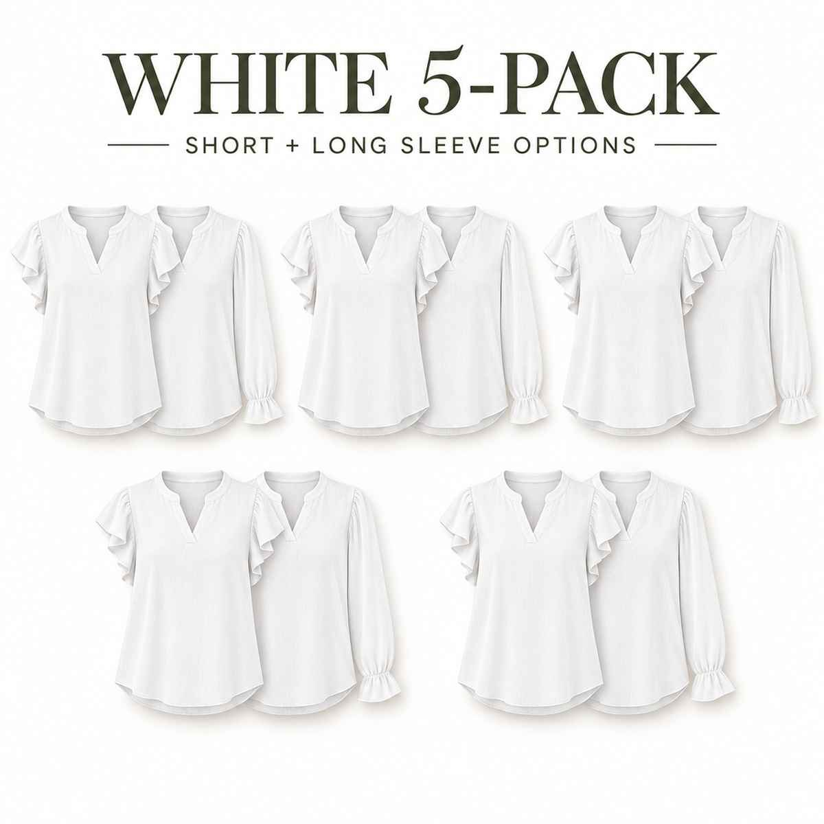 Women's Casual Ruffle-Sleeve Blouse - 5-Piece White Set