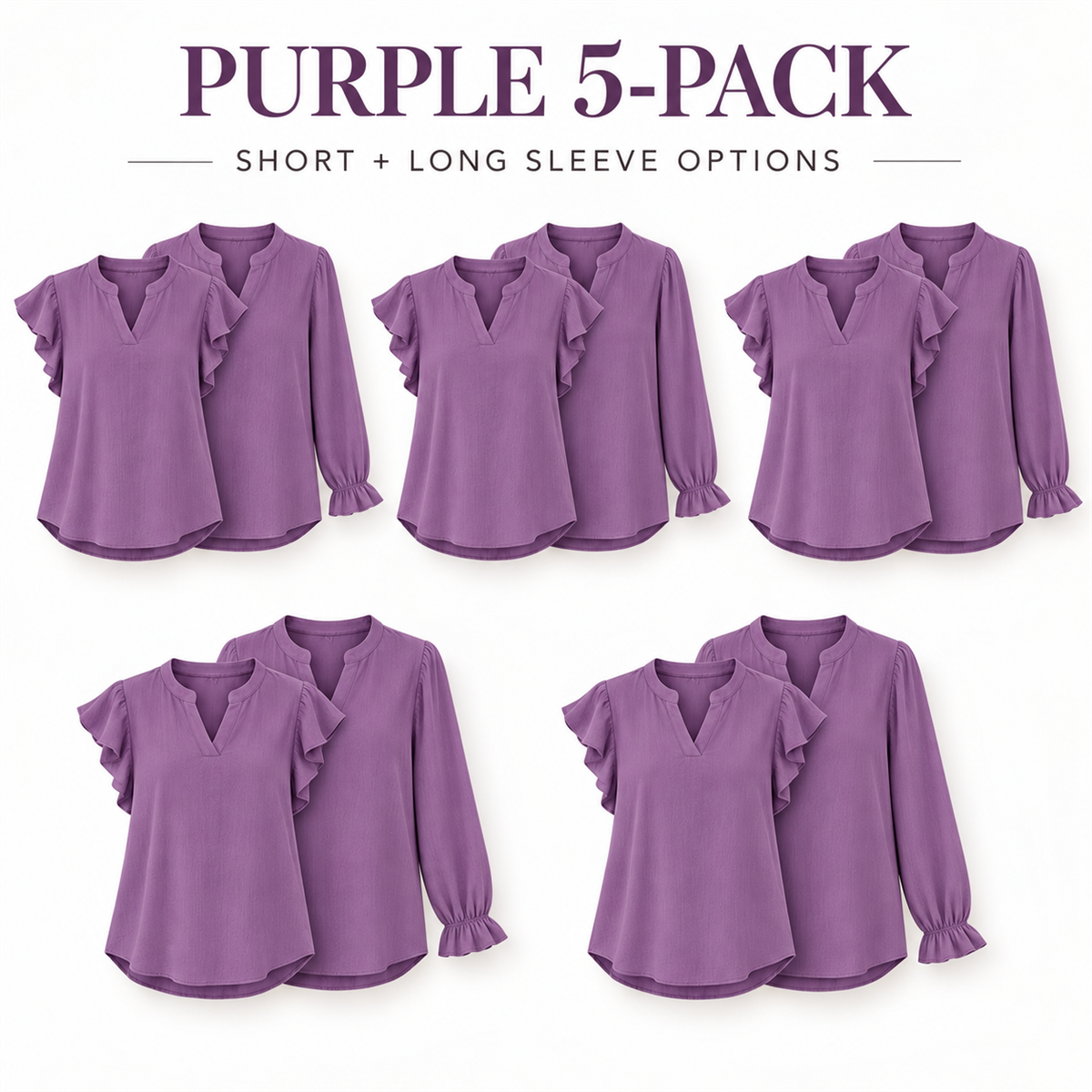 Women's Casual Ruffle-Sleeve Blouse - 5-Piece Purple Set
