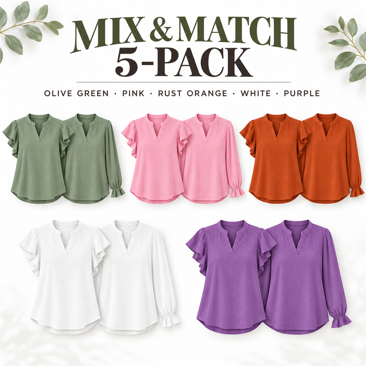Women's Casual Ruffle-Sleeve Blouse - 5-Piece Soft Color Set