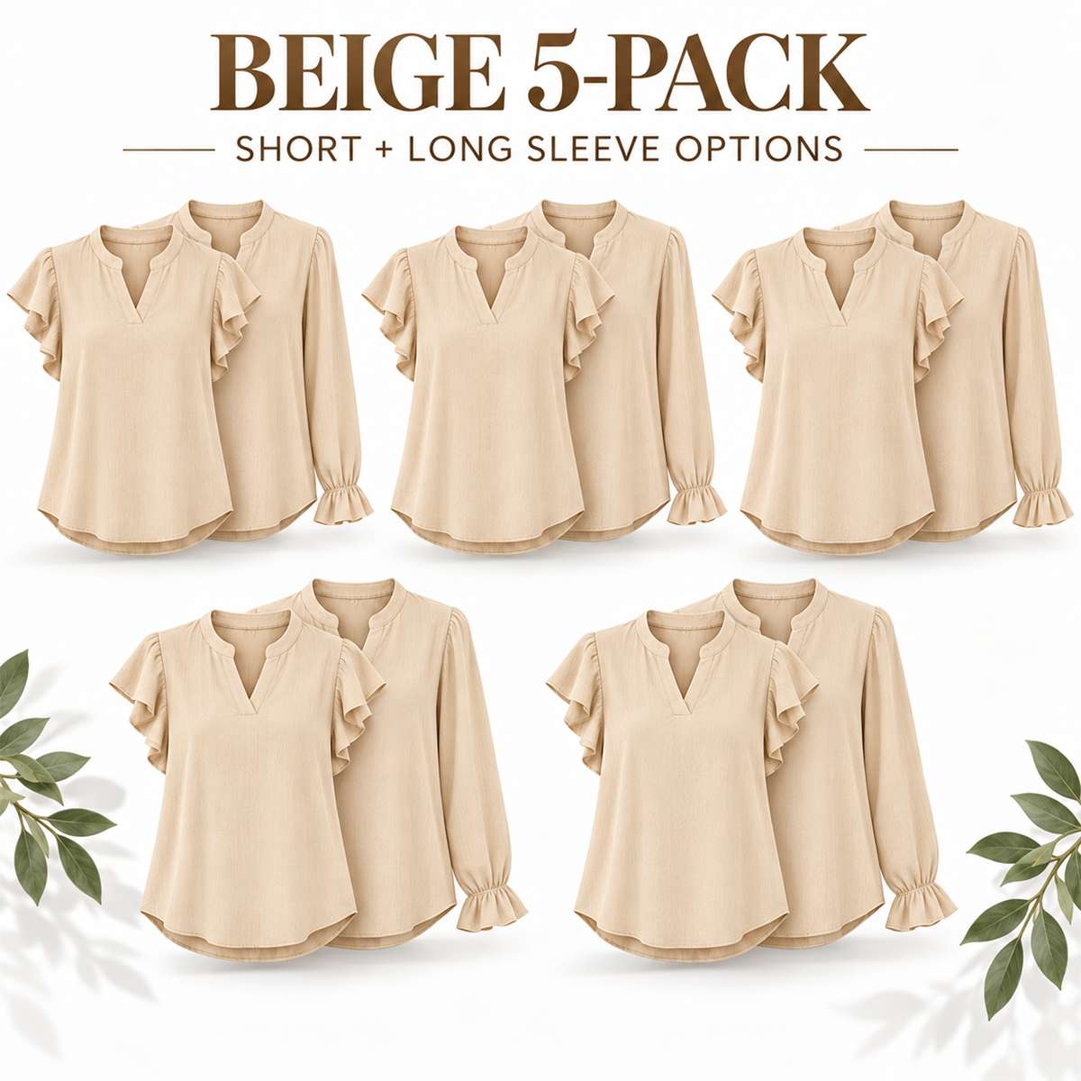 Women's Casual Ruffle-Sleeve Blouse - 5-Piece Beige Set