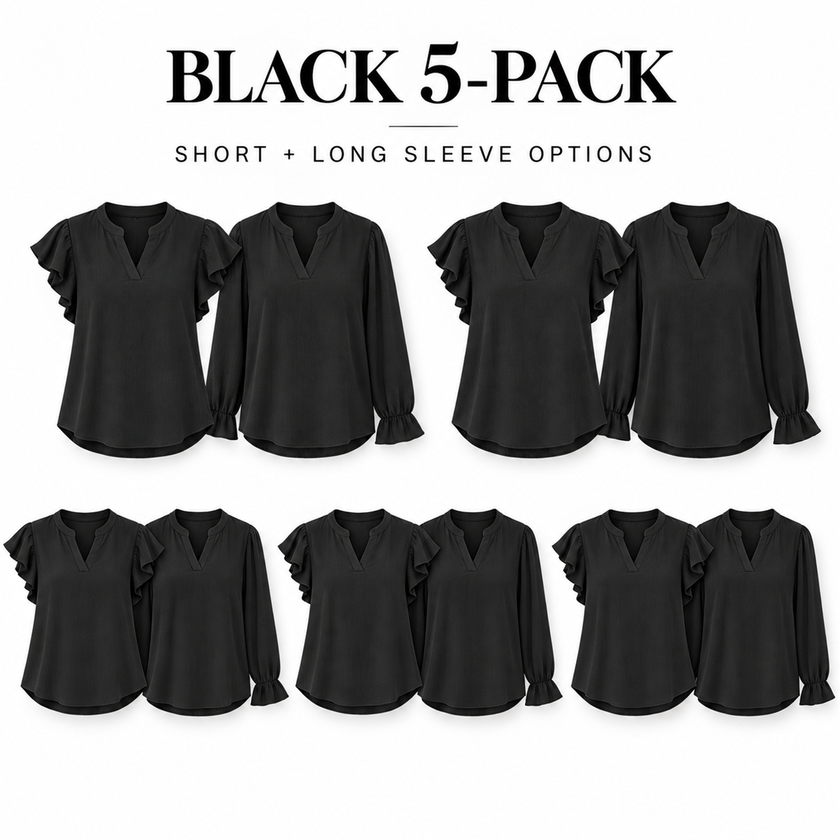Women's Casual Ruffle-Sleeve Blouse - 5-Piece Black Set