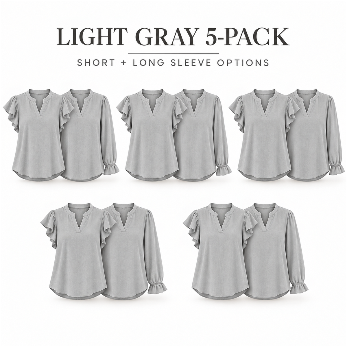 Women's Casual Ruffle-Sleeve Blouse - 5-Piece Light Gray Set