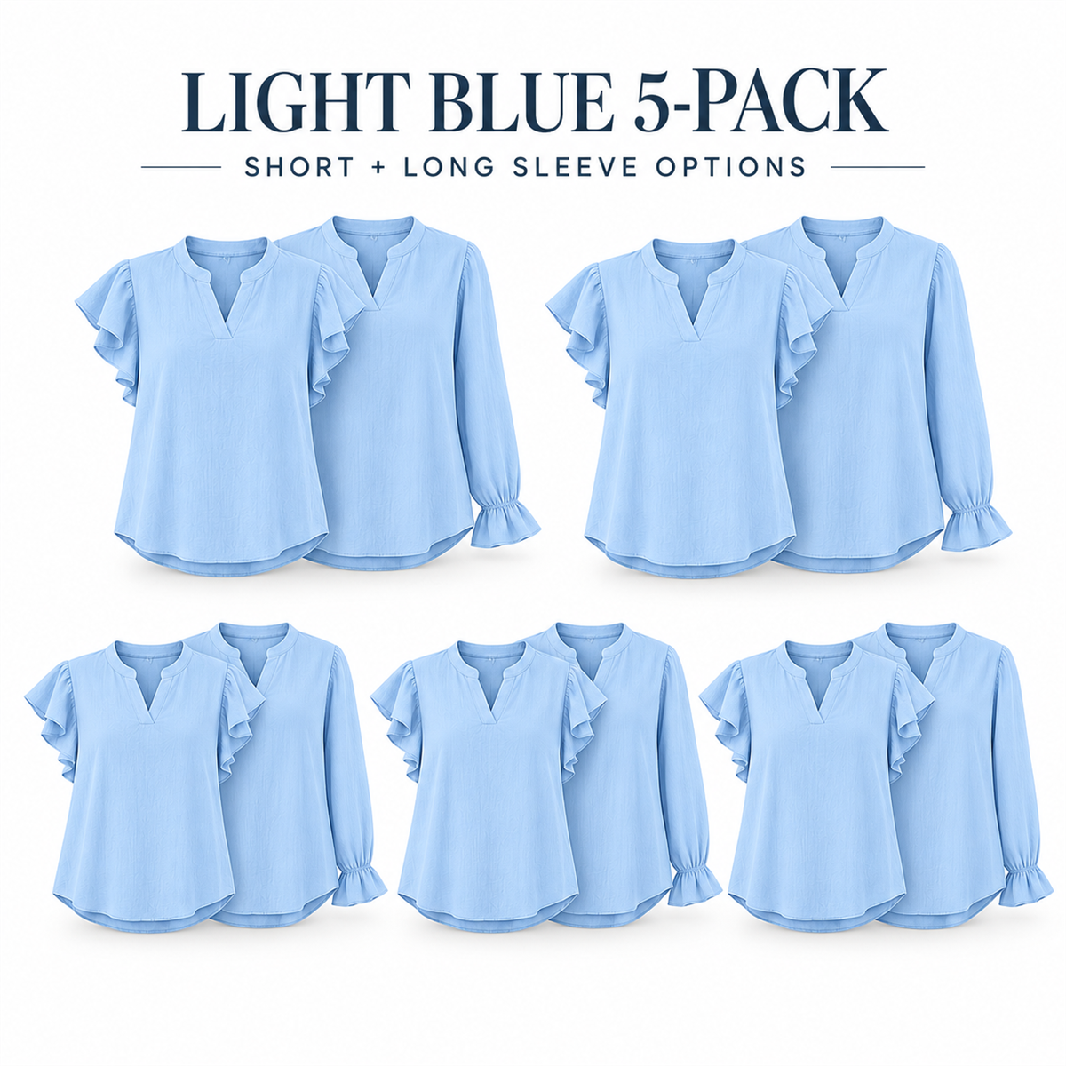Women's Casual Ruffle-Sleeve Blouse - 5-Piece Light Blue Set