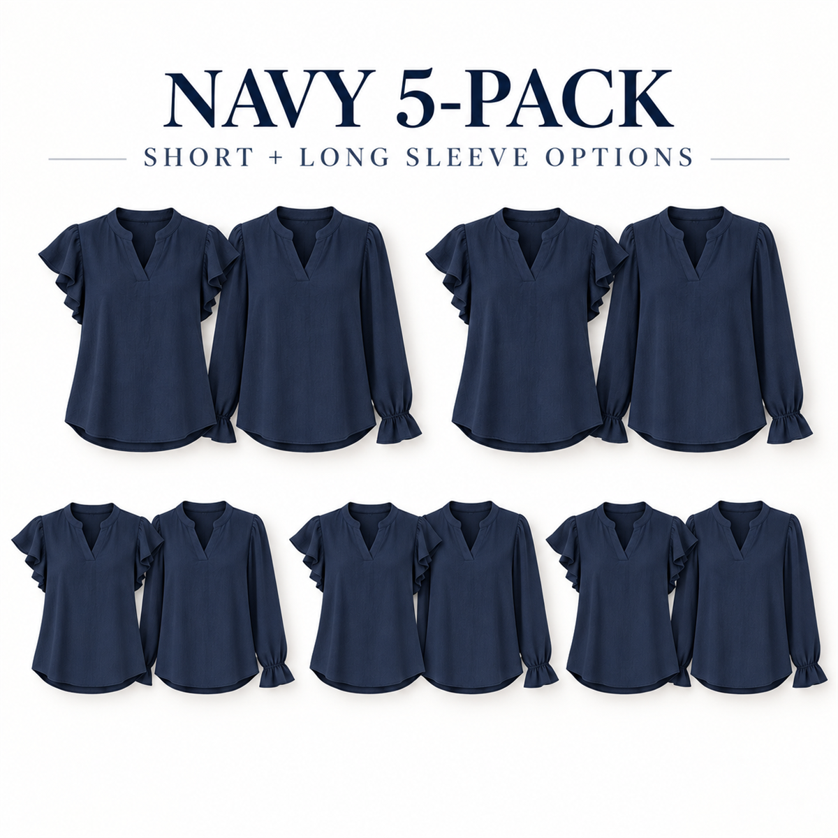 Women's Casual Ruffle-Sleeve Blouse - 5-Piece Navy Set