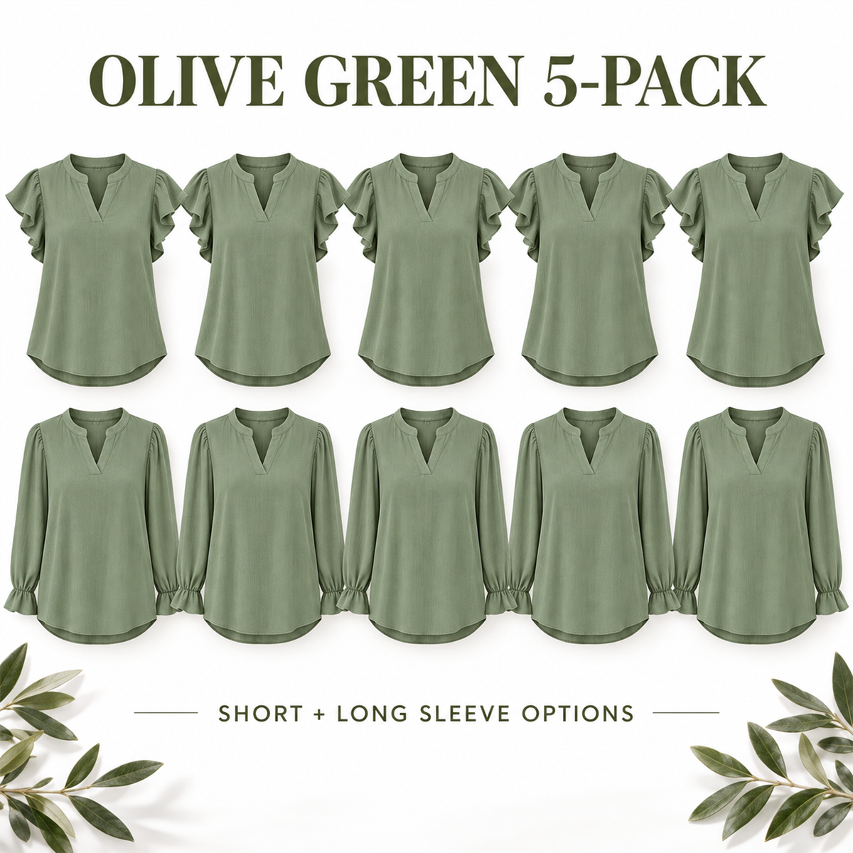 Women's Casual Ruffle-Sleeve Blouse - 5-Piece Olive Green Set