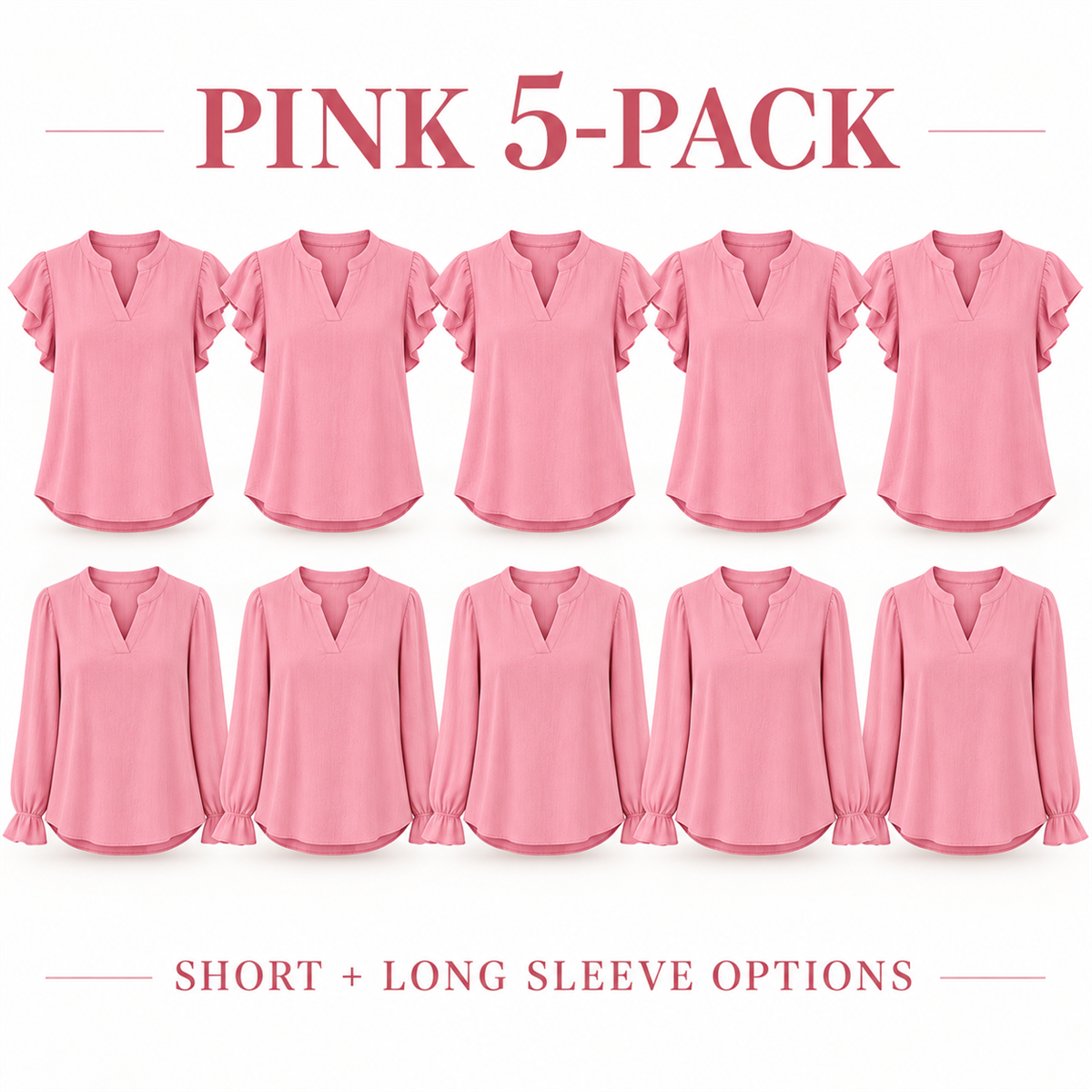 Women's Casual Ruffle-Sleeve Blouse - 5-Piece Pink Set
