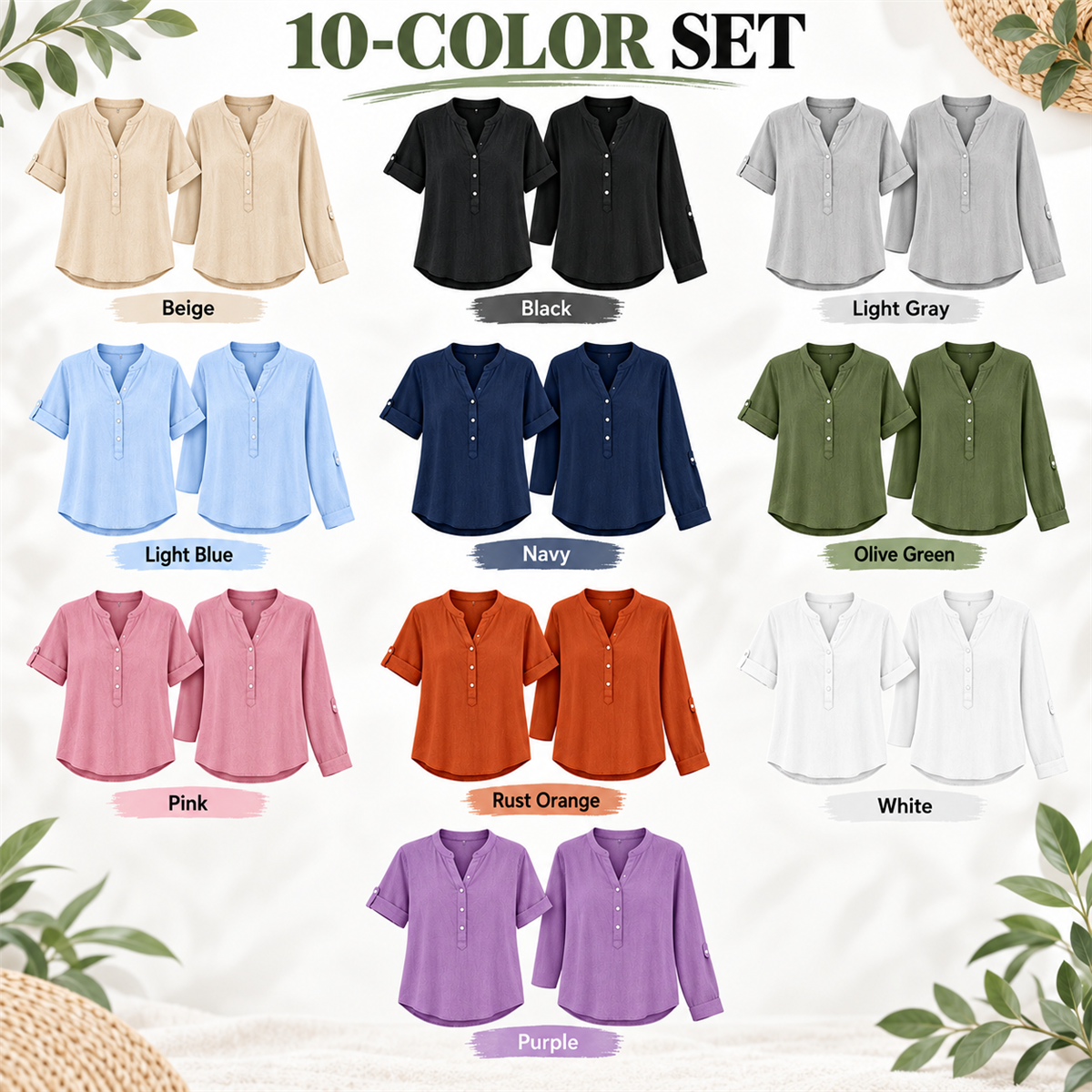 Women's Casual Henley Blouse - 10-Piece Complete Color Collection