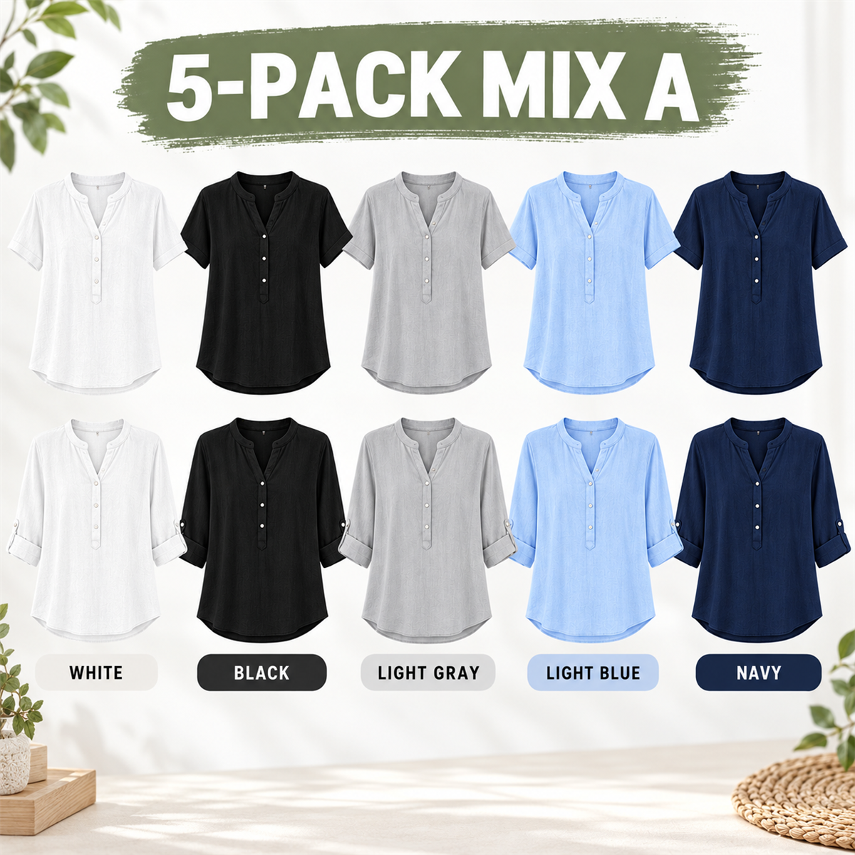 Women's Casual Henley Blouse - 5-Piece Classic Color Set