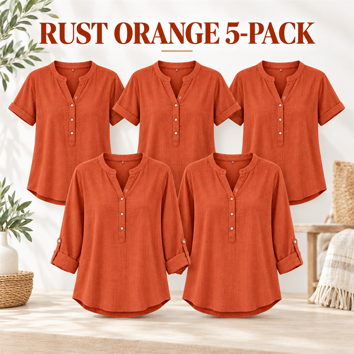 Women's Casual Henley Blouse - 5-Piece Rust Orange Set
