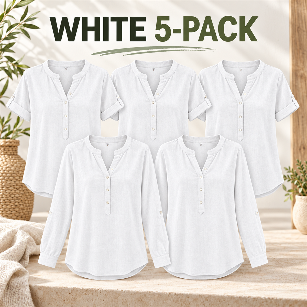 Women's Casual Henley Blouse - 5-Piece White Set