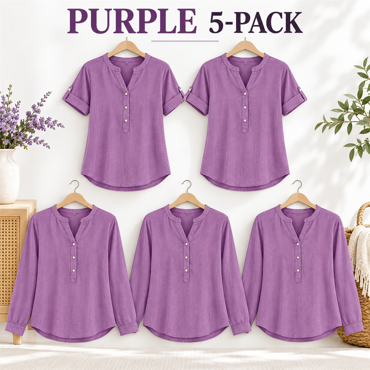 Women's Casual Henley Blouse - 5-Piece Purple Set