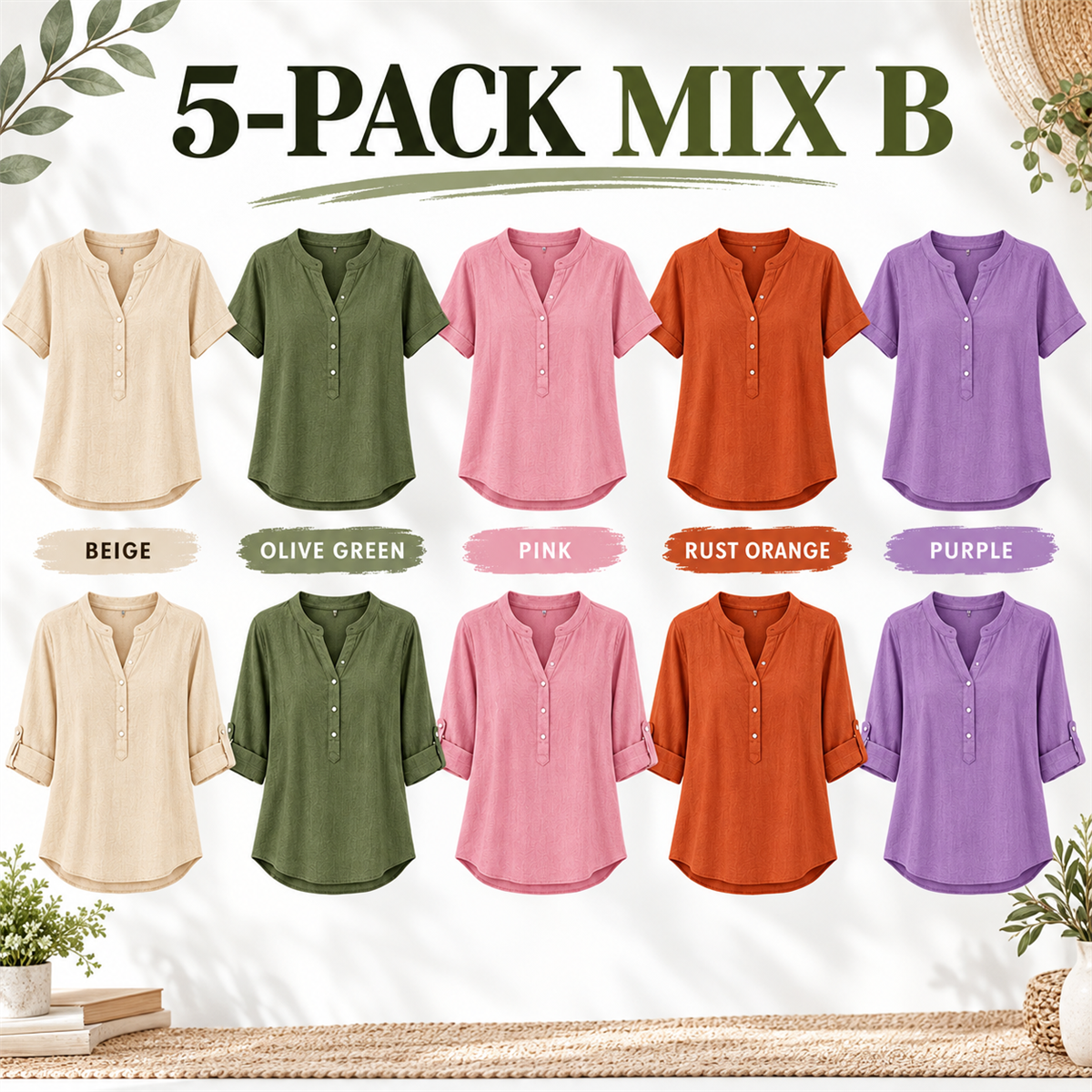 Women's Casual Henley Blouse - 5-Piece Soft Color Set