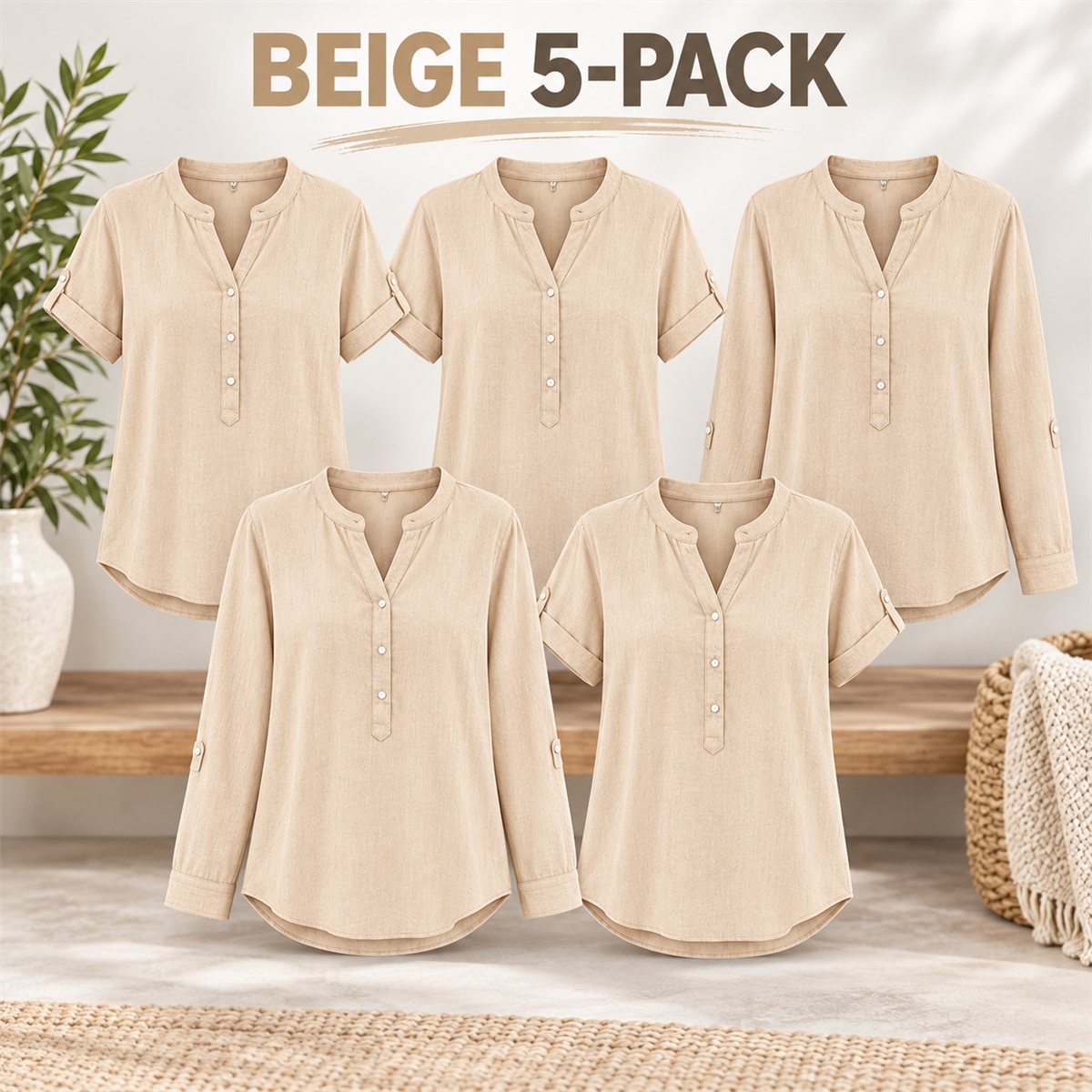 Women's Casual Henley Blouse - 5-Piece Beige Set