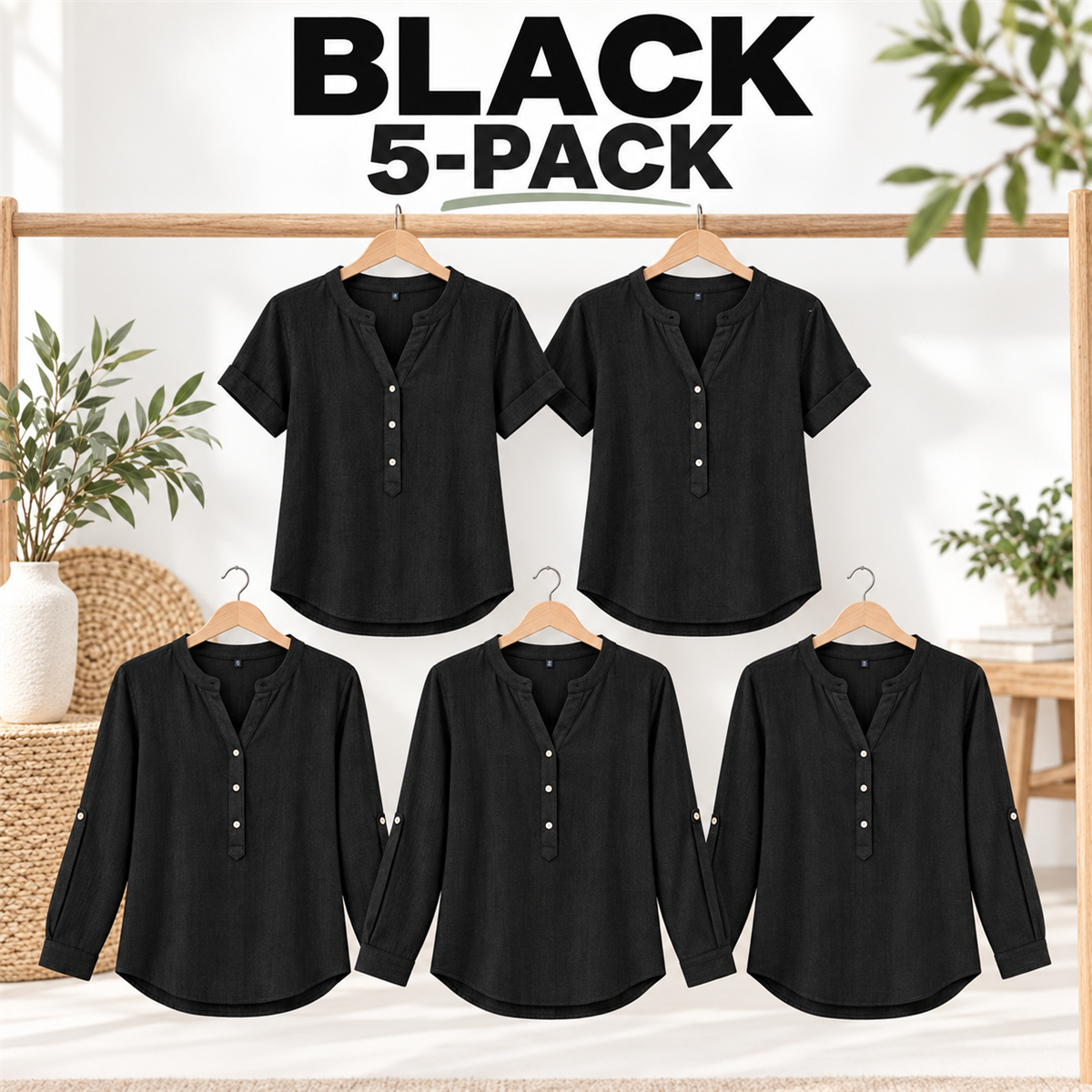Women's Casual Henley Blouse - 5-Piece Black Set