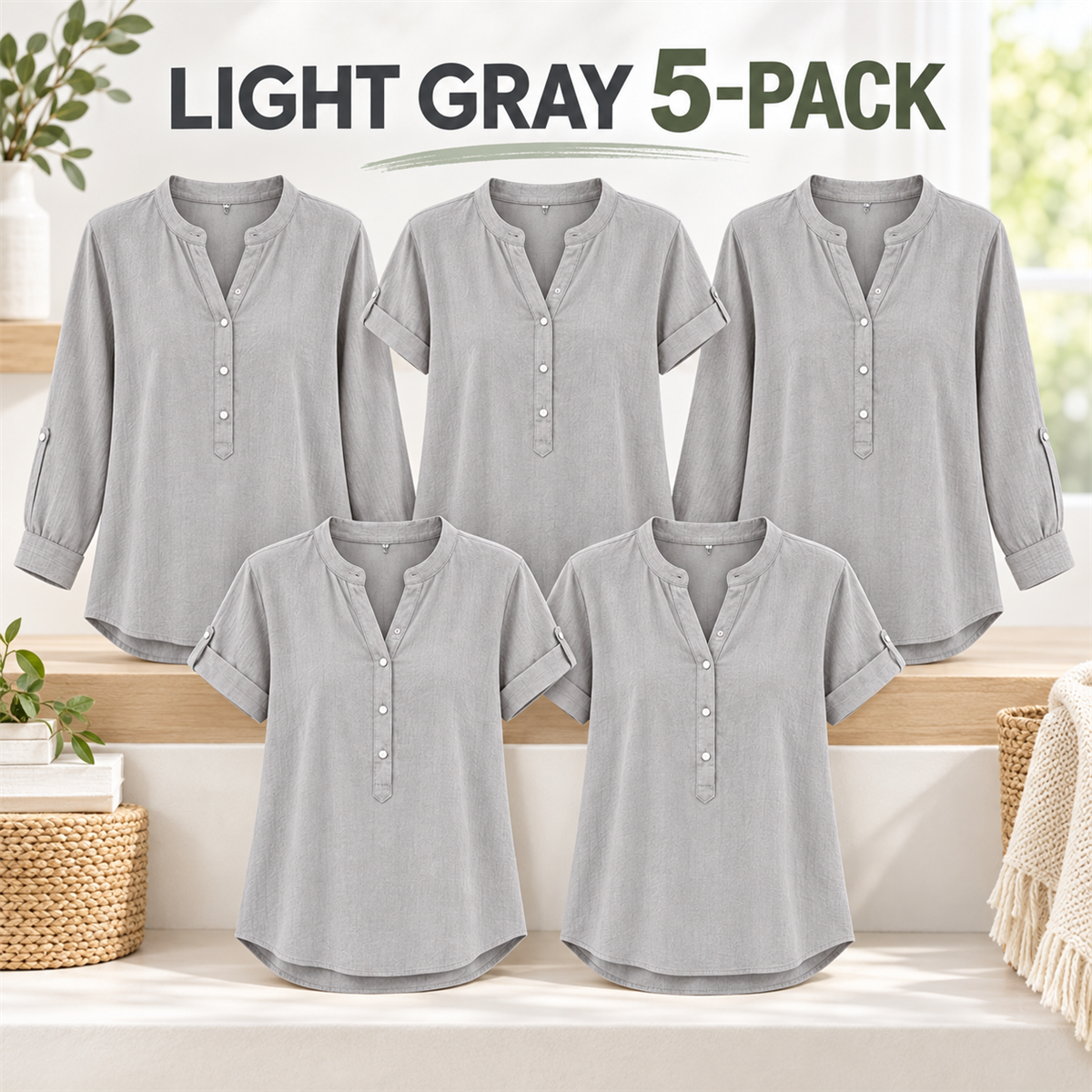 Women's Casual Henley Blouse - 5-Piece Light Gray Set