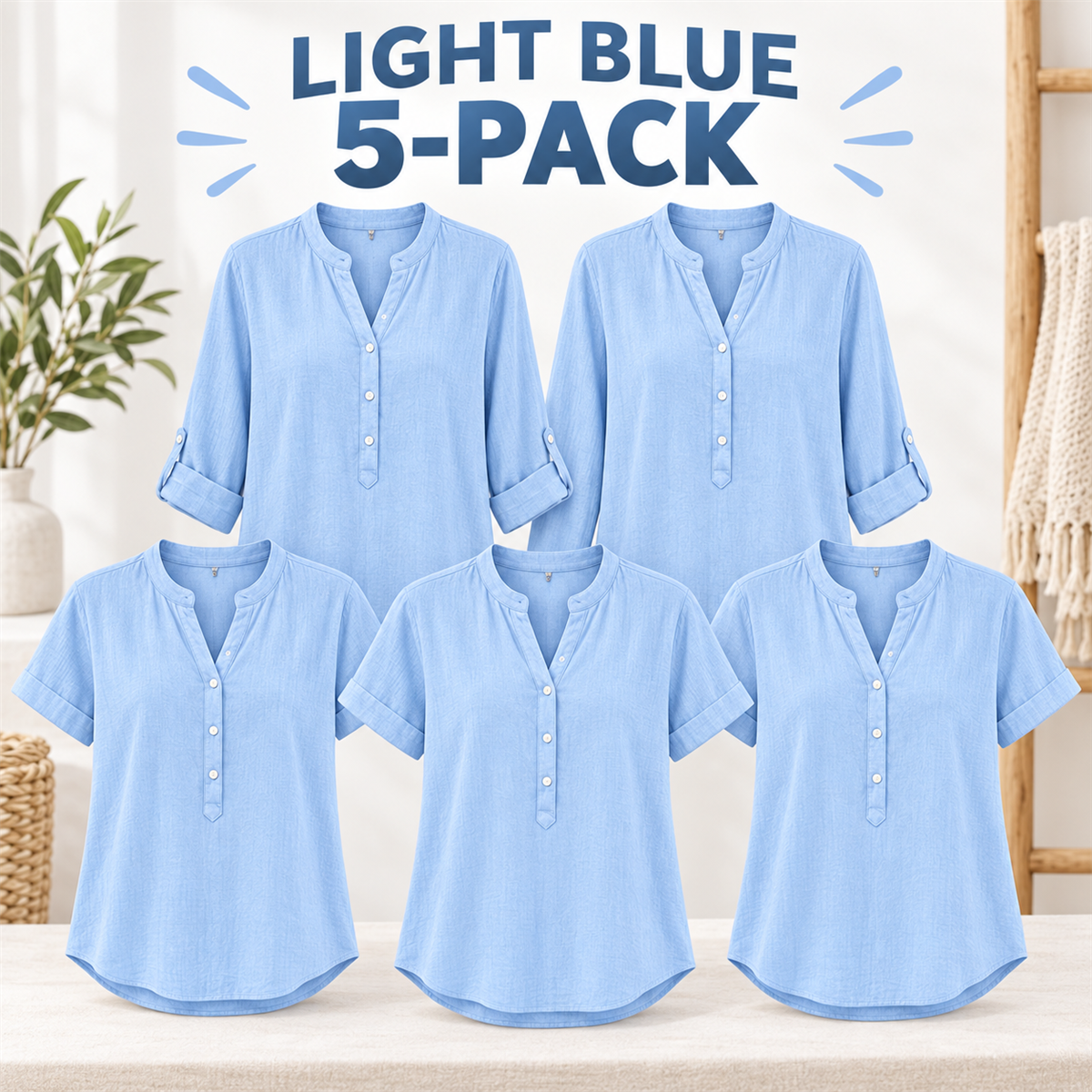 Women's Casual Henley Blouse - 5-Piece Light Blue Set
