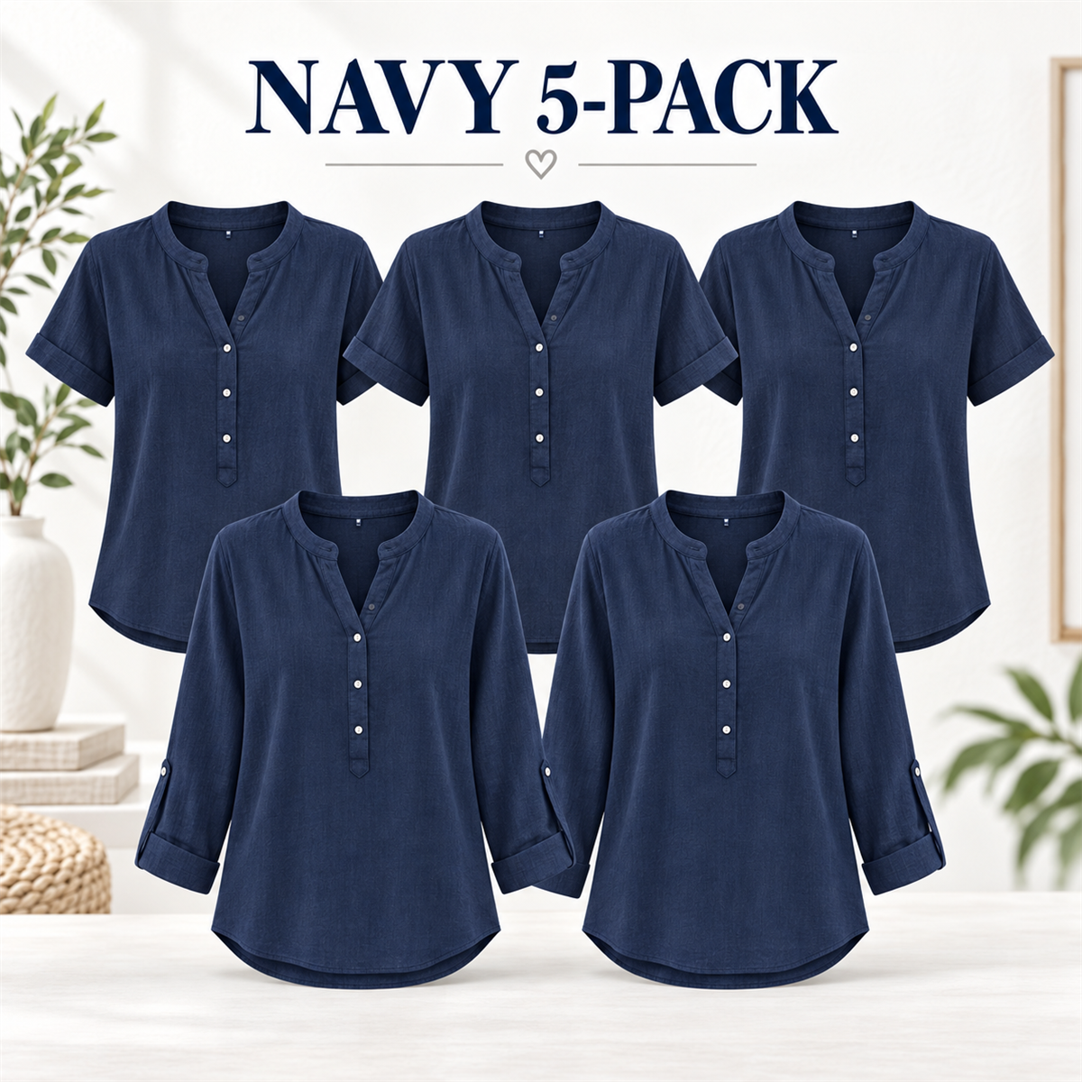 Women's Casual Henley Blouse - 5-Piece Navy Set