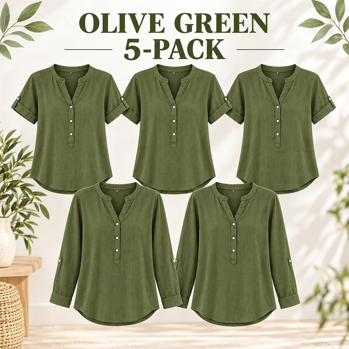 Women's Casual Henley Blouse - 5-Piece Olive Green Set