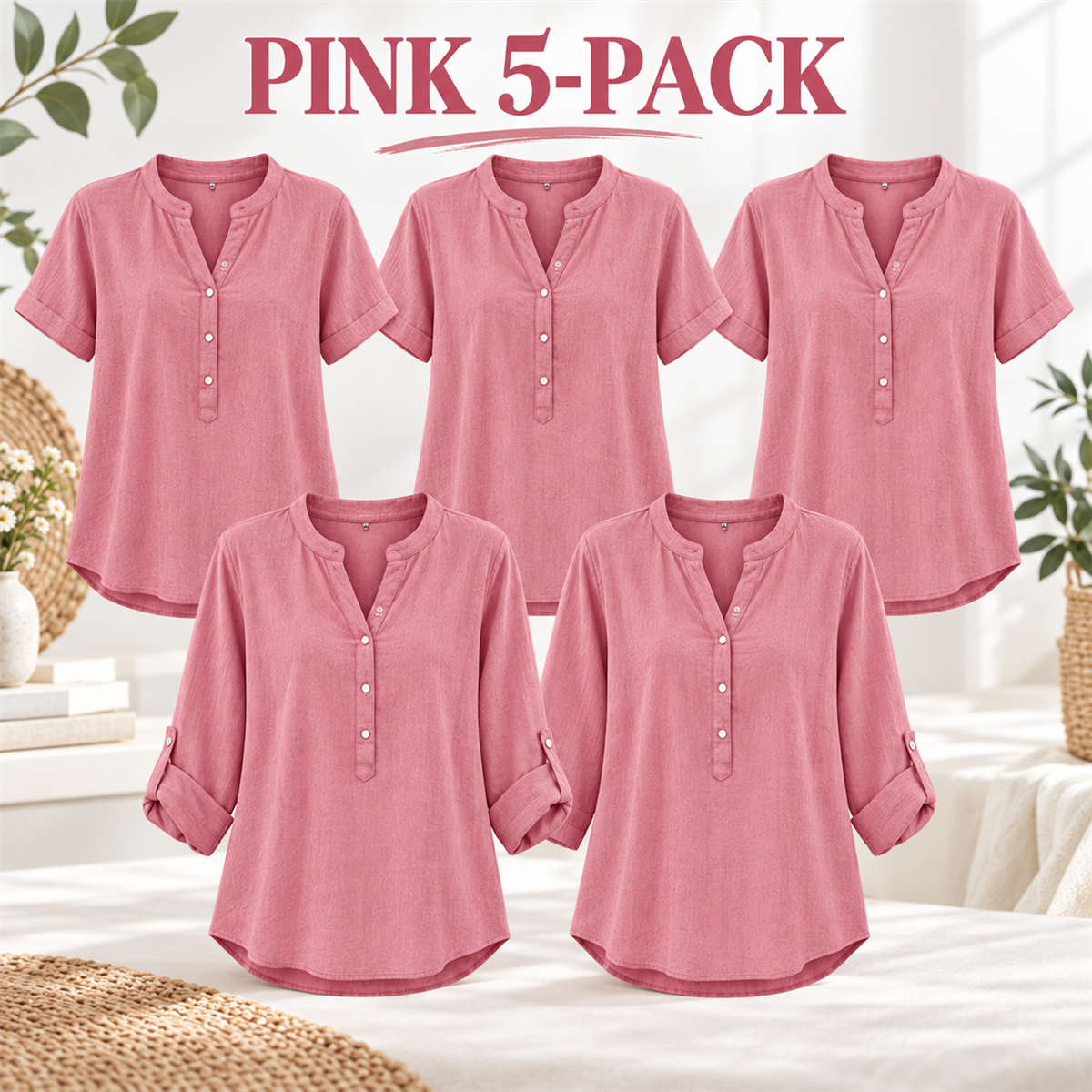 Women's Casual Henley Blouse - 5-Piece Pink Set