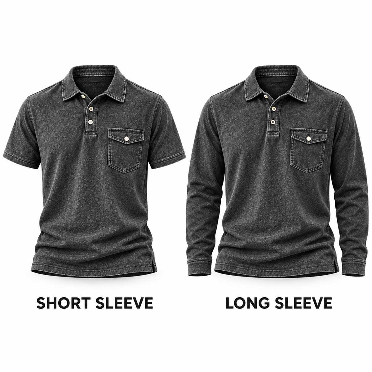Men's Washed Embossed Polo Shirt with Flap Chest Pocket - Short- and long-sleeve comparison