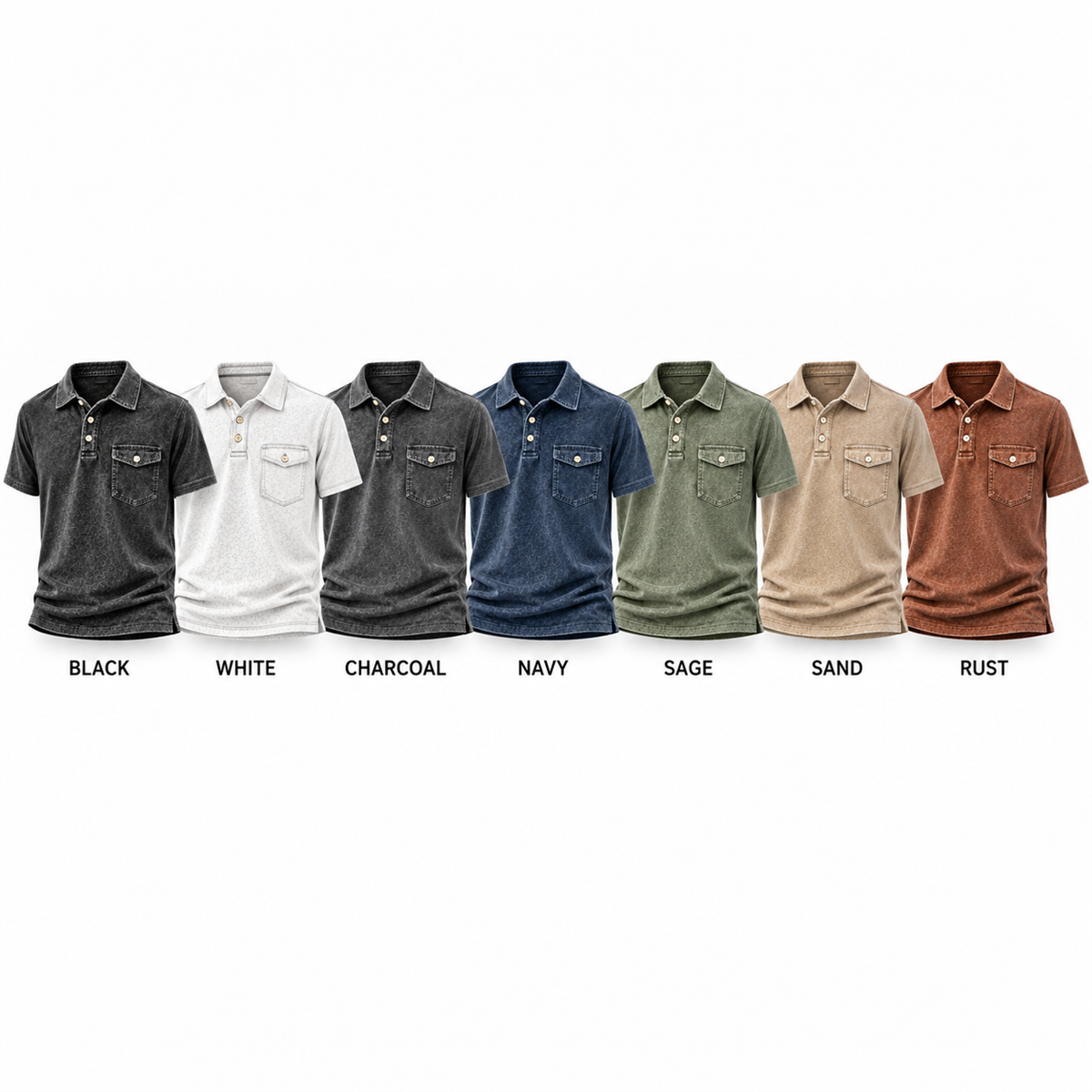 Men's Washed Embossed Polo Shirt with Flap Chest Pocket - Seven-color collection