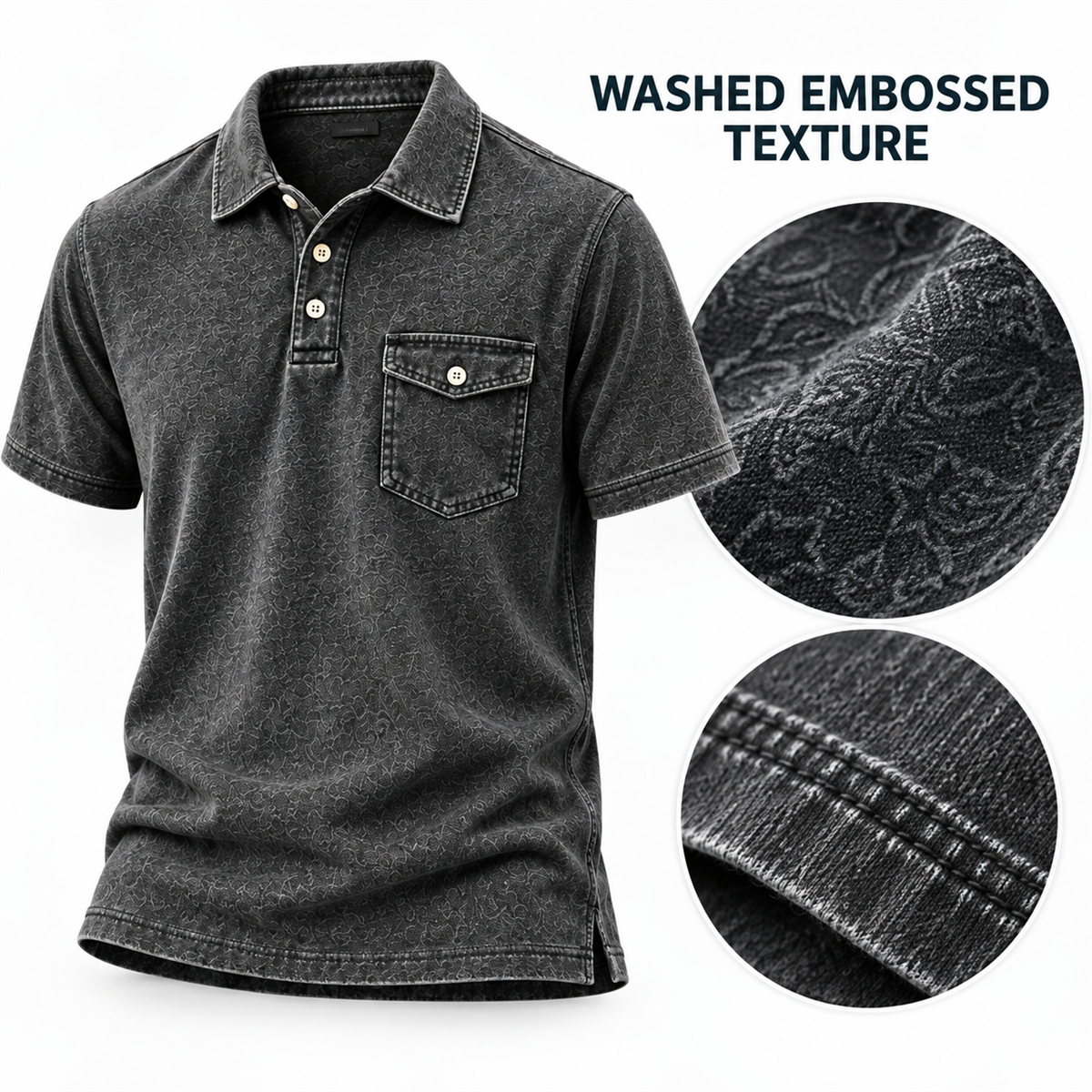 Men's Washed Embossed Polo Shirt with Flap Chest Pocket - Close view of the tonal texture