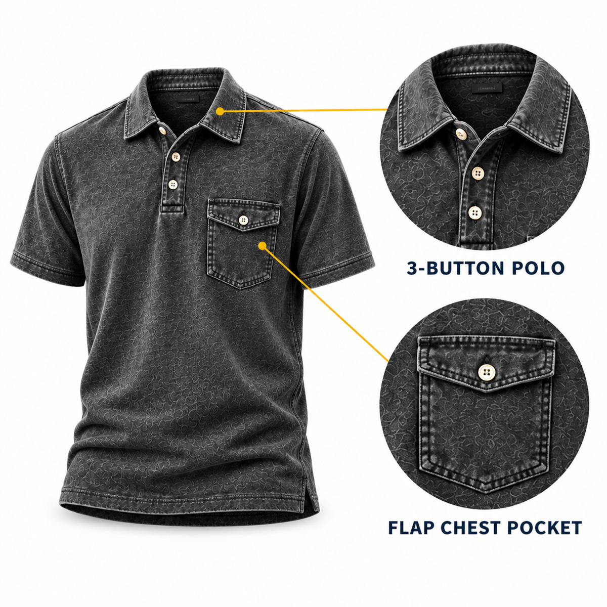 Men's Washed Embossed Polo Shirt with Flap Chest Pocket - Close view of the neckline construction