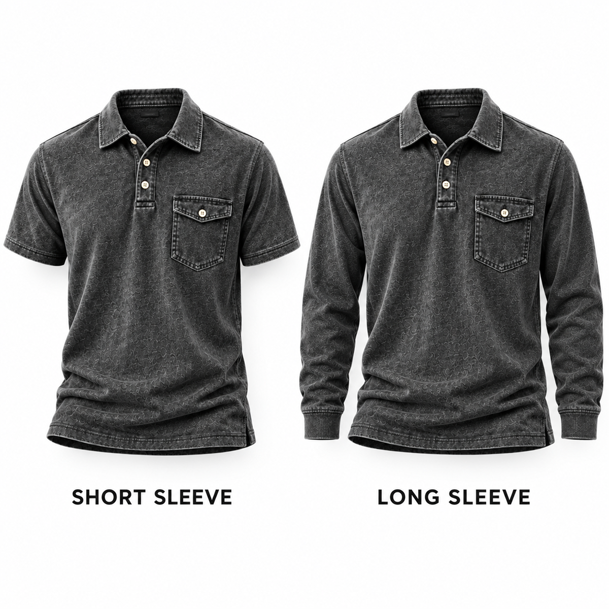Men's Washed Embossed Polo Shirt with Flap Chest Pocket - Close view of both sleeve lengths