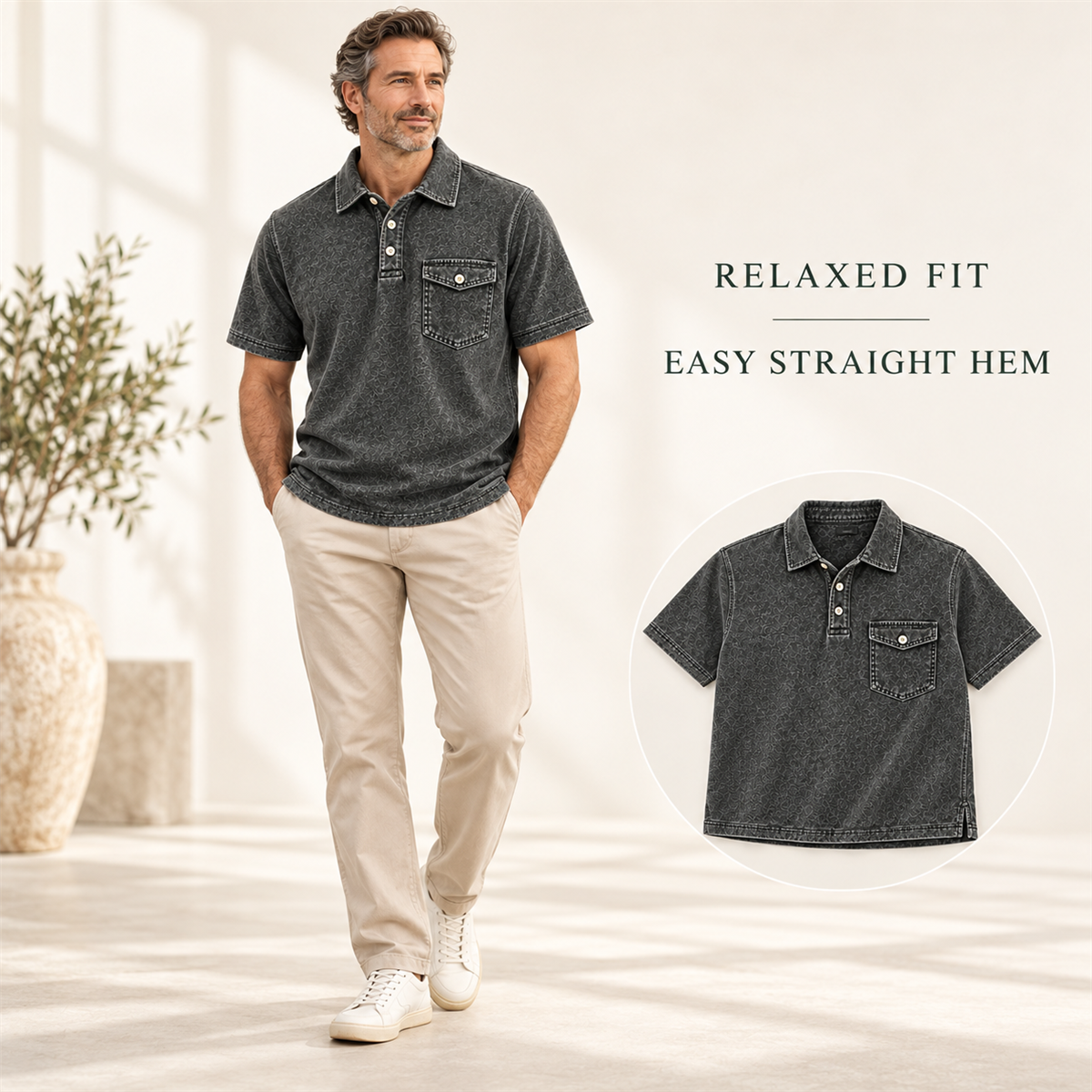 Men's Washed Embossed Polo Shirt with Flap Chest Pocket - Close view of fit and hem