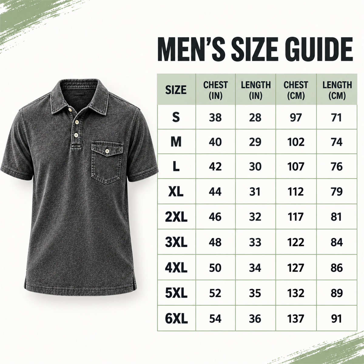 Men's Washed Embossed Polo Shirt with Flap Chest Pocket - Detailed men size guide from S to 6XL