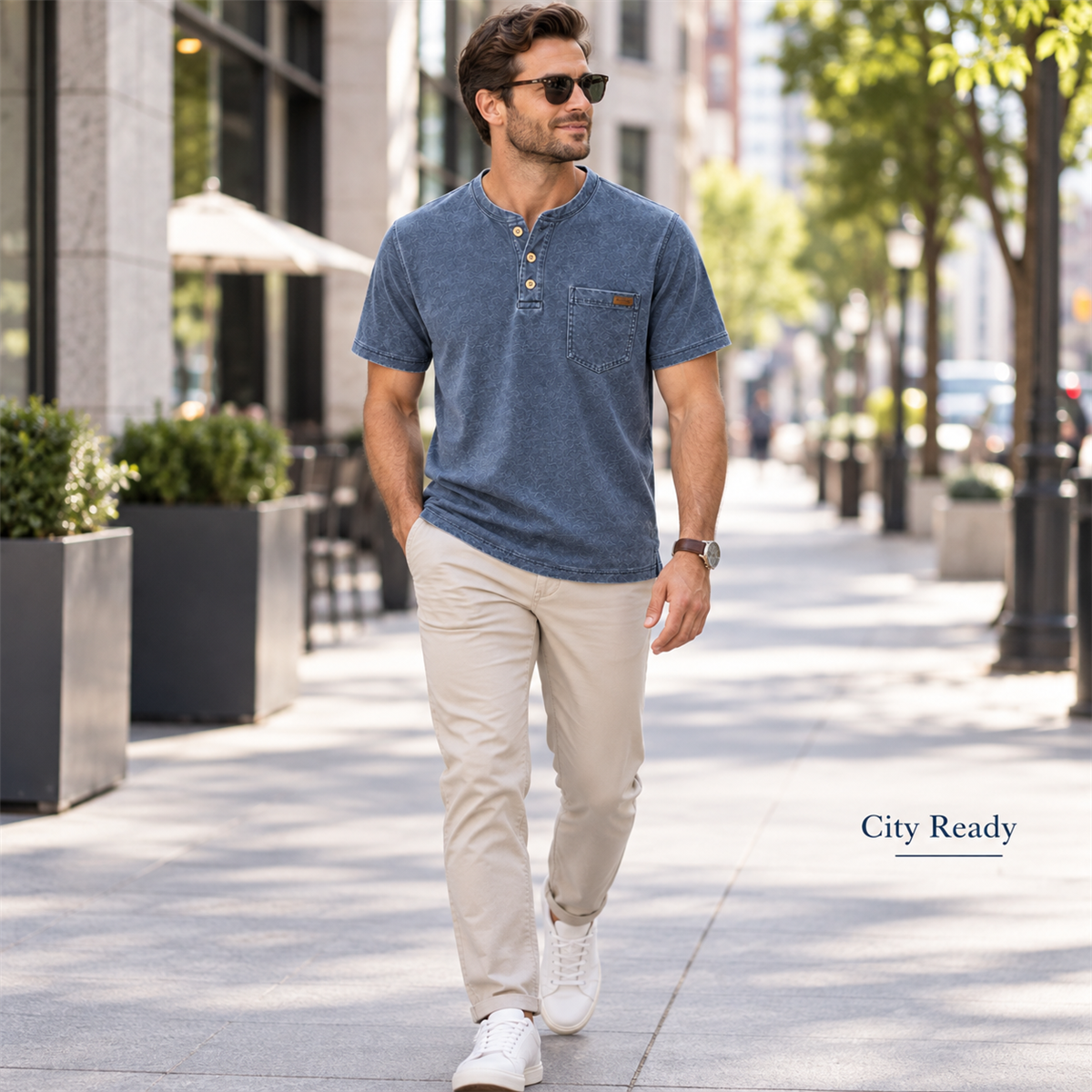 Men's Washed Embossed Henley Shirt with Chest Pocket - Styled for a city day