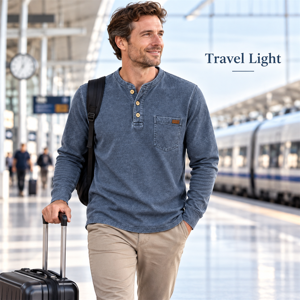 Men's Washed Embossed Henley Shirt with Chest Pocket - Packed for an easy trip