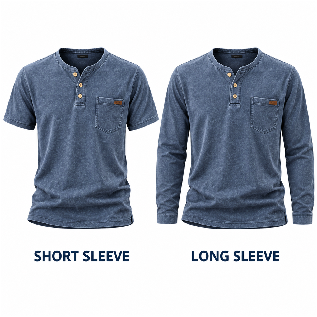 Men's Washed Embossed Henley Shirt with Chest Pocket - Short- and long-sleeve comparison