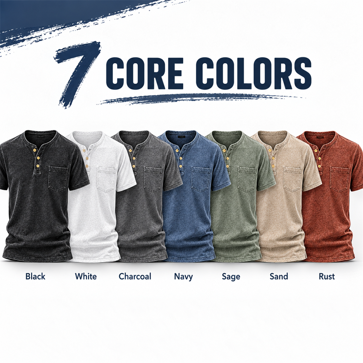 Men's Washed Embossed Henley Shirt with Chest Pocket - Seven-color collection