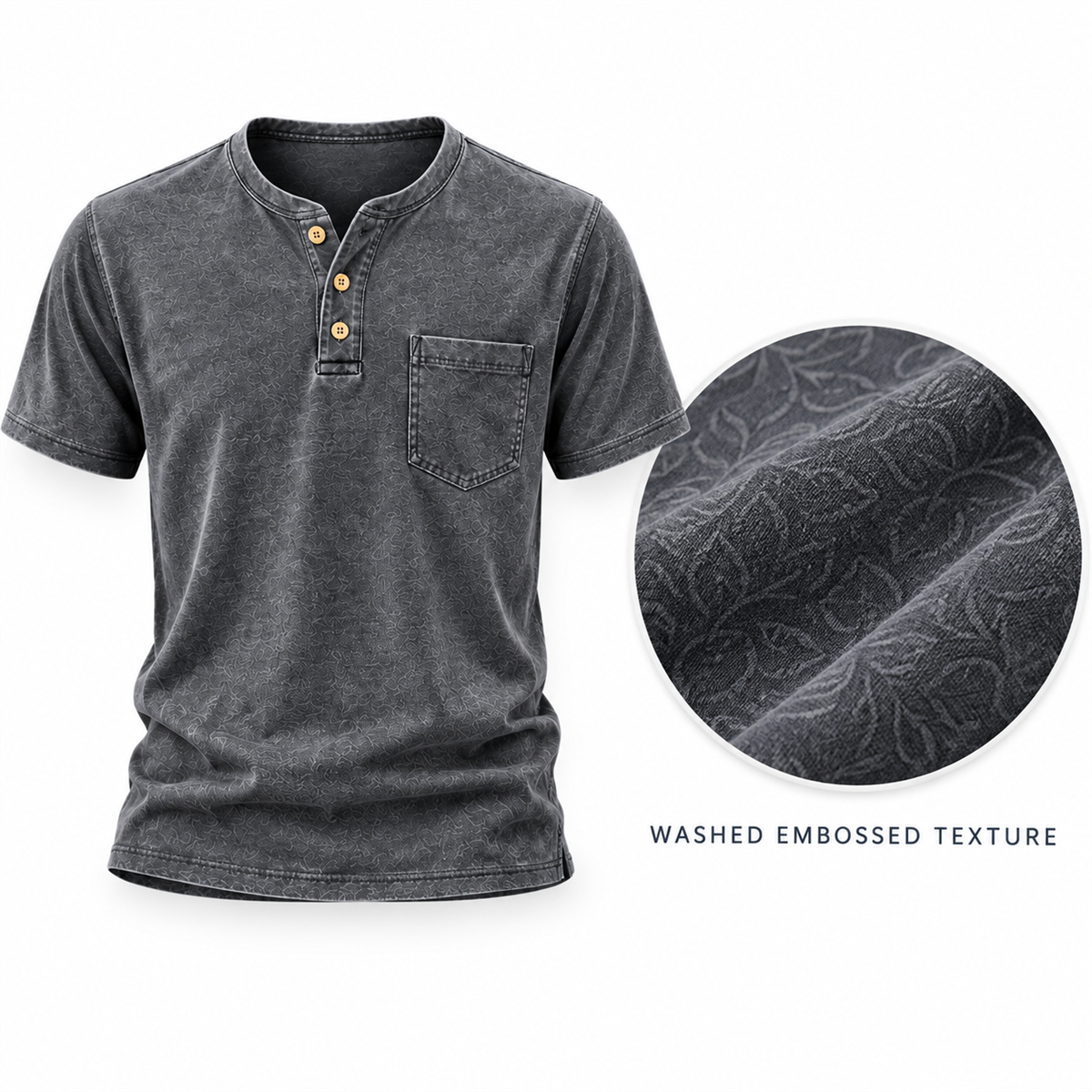 Men's Washed Embossed Henley Shirt with Chest Pocket - Close view of the tonal texture