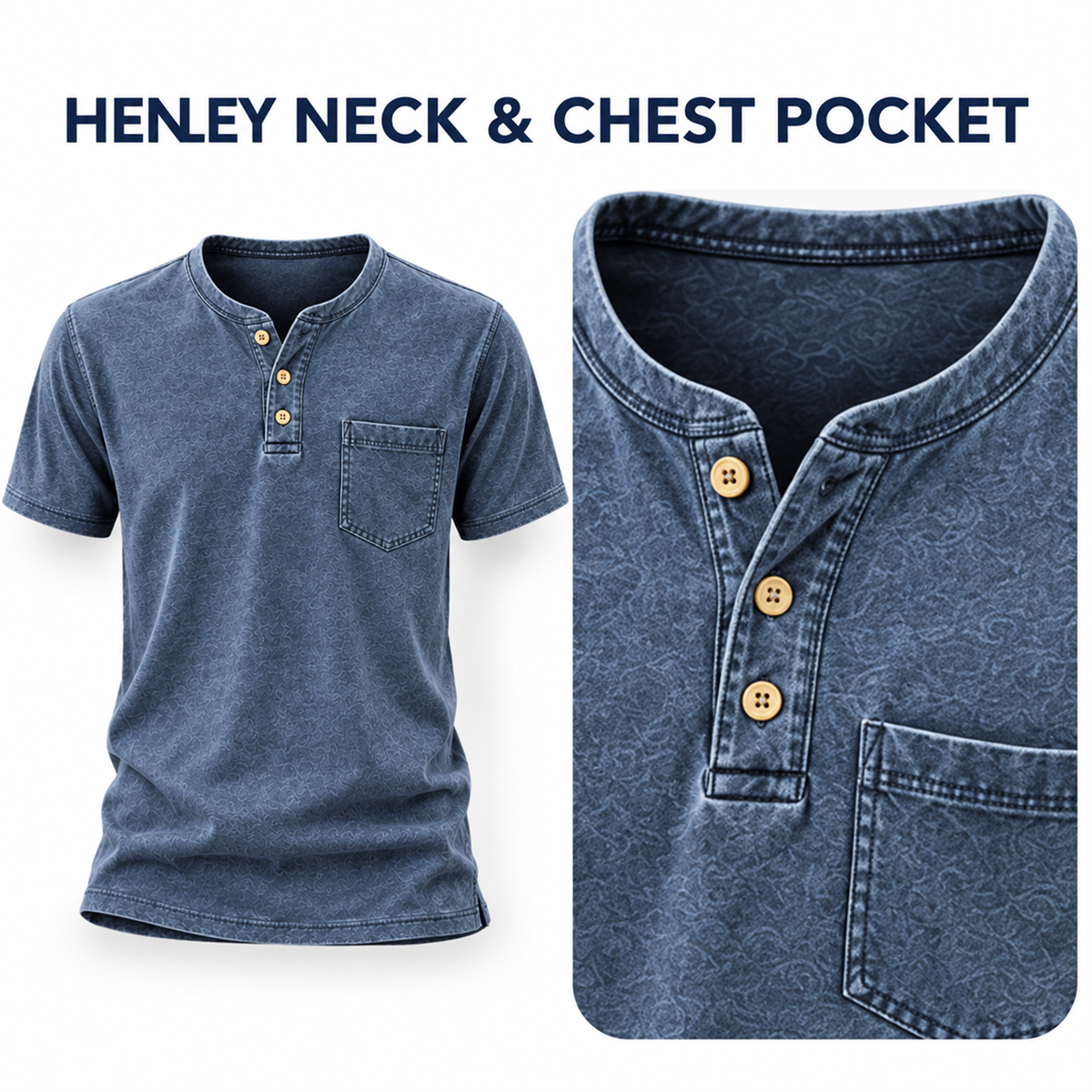 Men's Washed Embossed Henley Shirt with Chest Pocket - Close view of the neckline construction