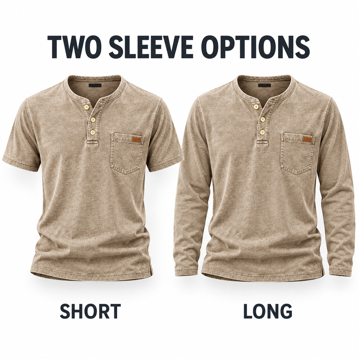 Men's Washed Embossed Henley Shirt with Chest Pocket - Close view of both sleeve lengths