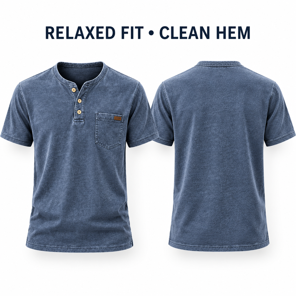 Men's Washed Embossed Henley Shirt with Chest Pocket - Close view of fit and hem
