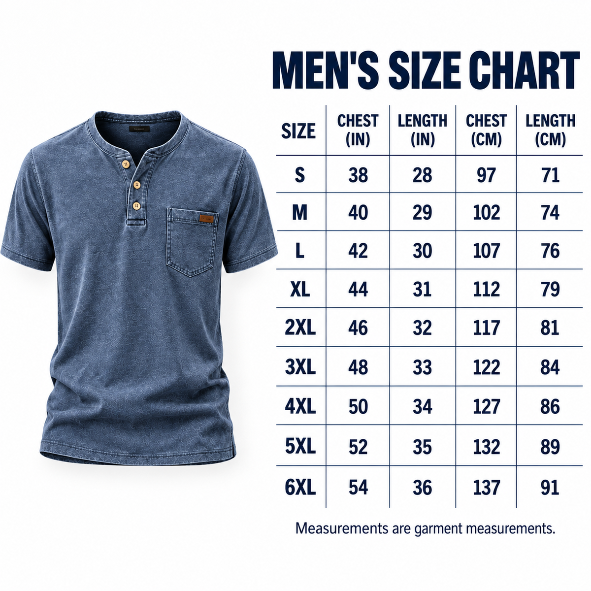 Men's Washed Embossed Henley Shirt with Chest Pocket - Detailed men size guide from S to 6XL