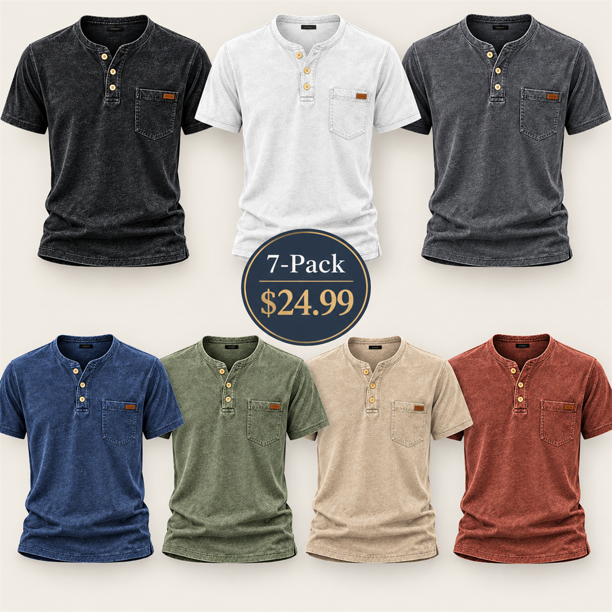 Men's Washed Embossed Henley Shirt with Chest Pocket - 7-Piece Complete Color Collection