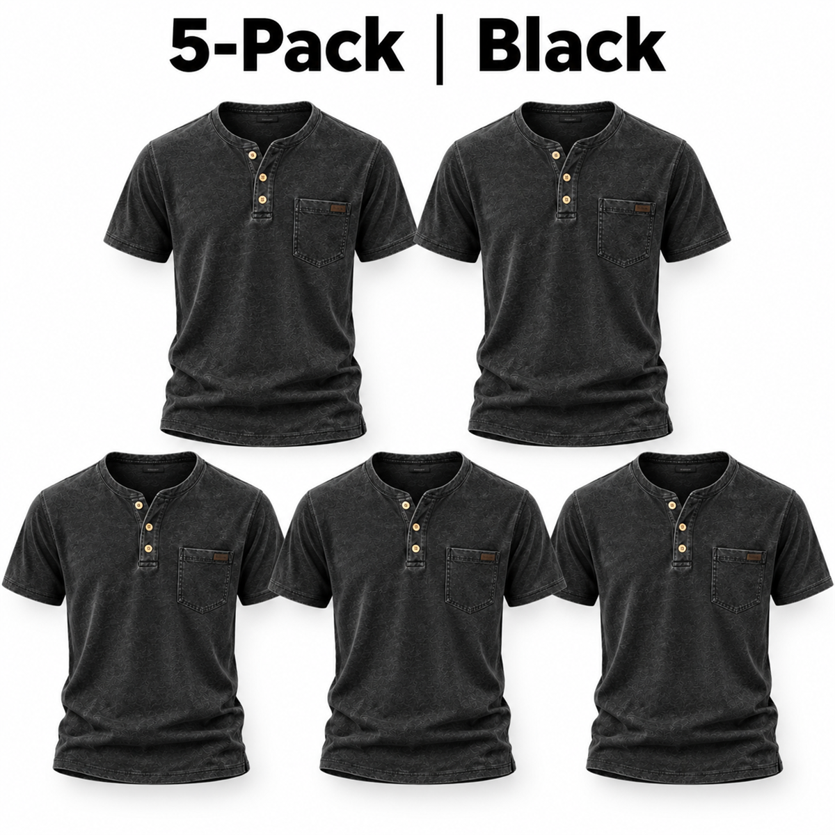 Men's Washed Embossed Henley Shirt with Chest Pocket - 5-Piece Black Set