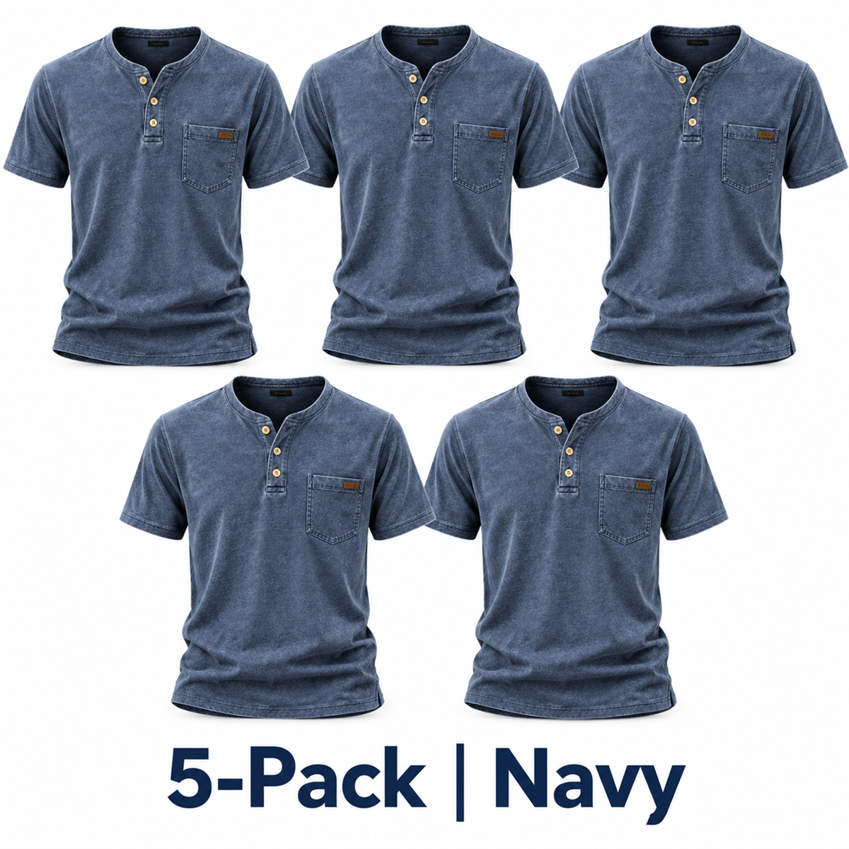 Men's Washed Embossed Henley Shirt with Chest Pocket - 5-Piece Navy Set