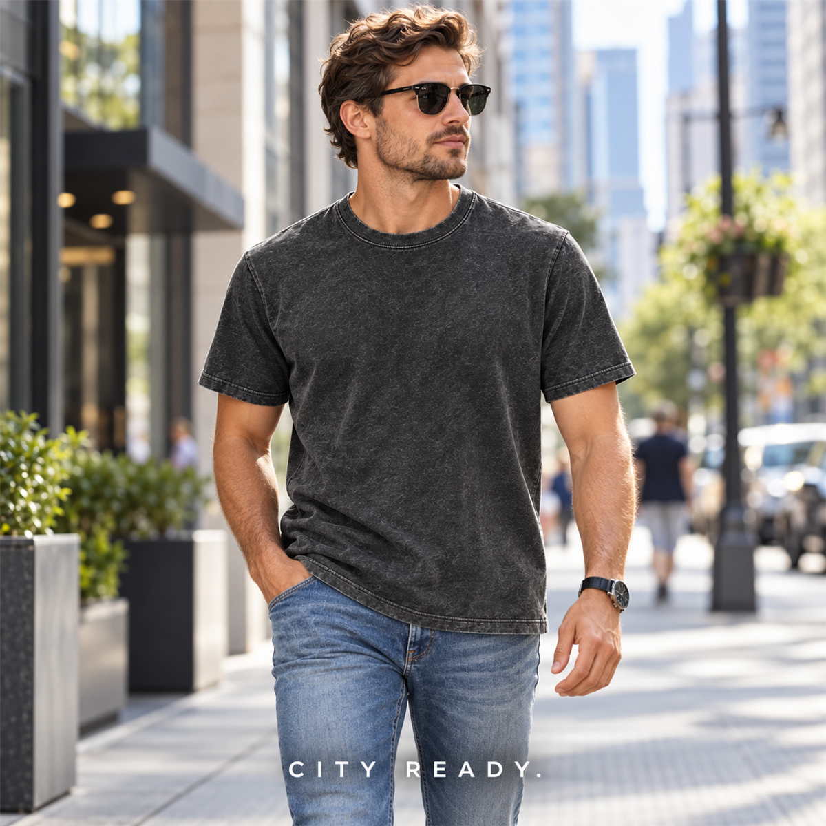Men's Washed Embossed Crew-Neck T-Shirt - Styled for a city day