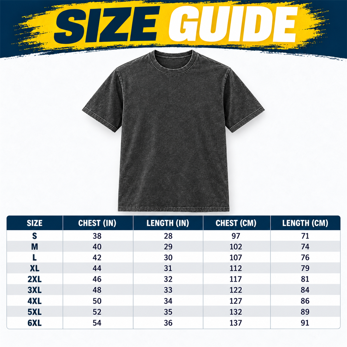 Men's Washed Embossed Crew-Neck T-Shirt - Detailed men size guide from S to 6XL